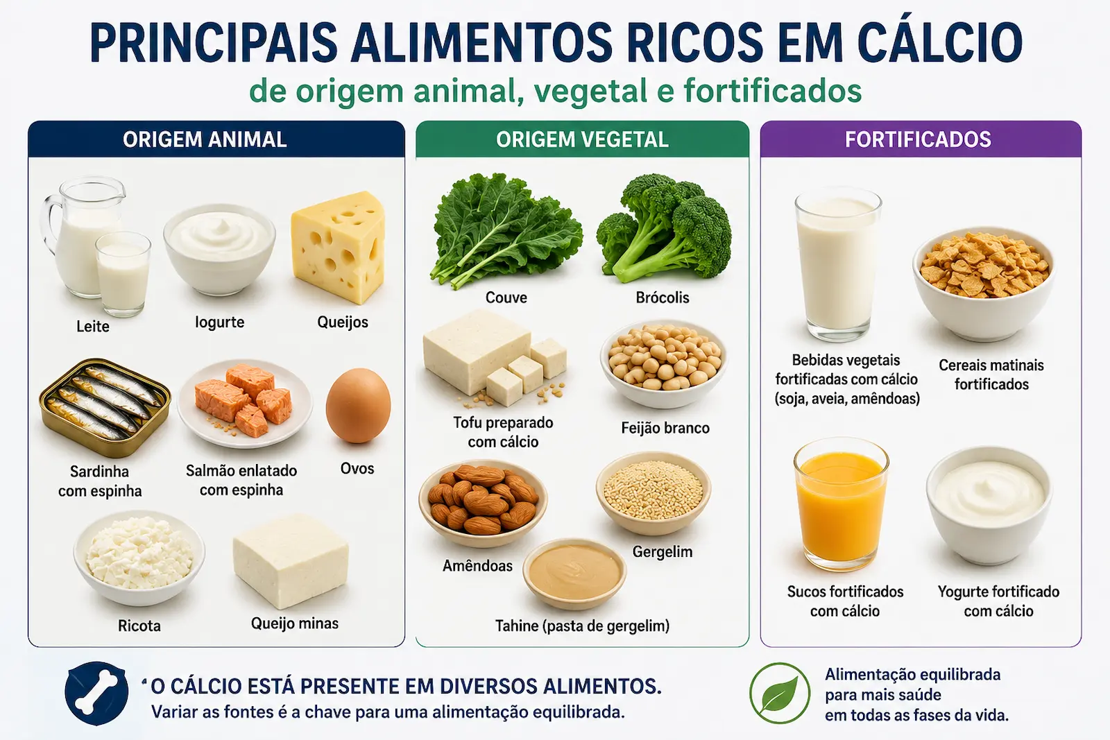 Principais alimentos ricos em cálcio de origem animal vegetal e fortificados