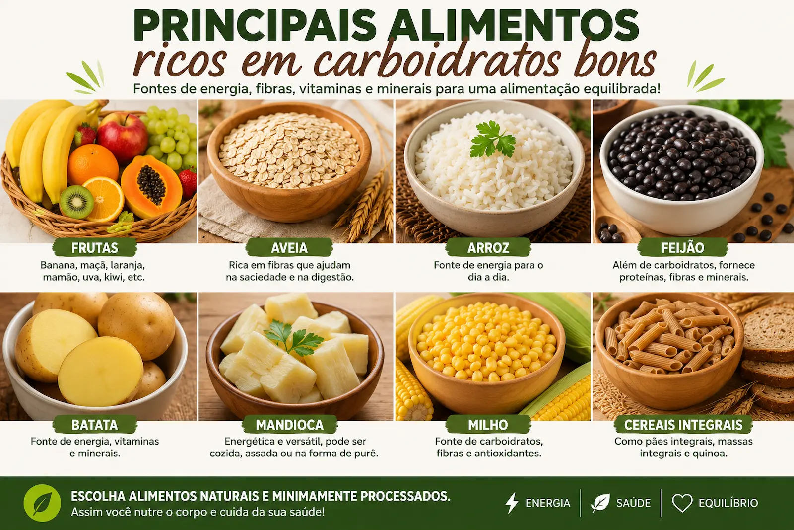 Principais alimentos ricos em carboidratos bons como frutas, aveia, arroz, feijão, batata, mandioca e cereais integrais
