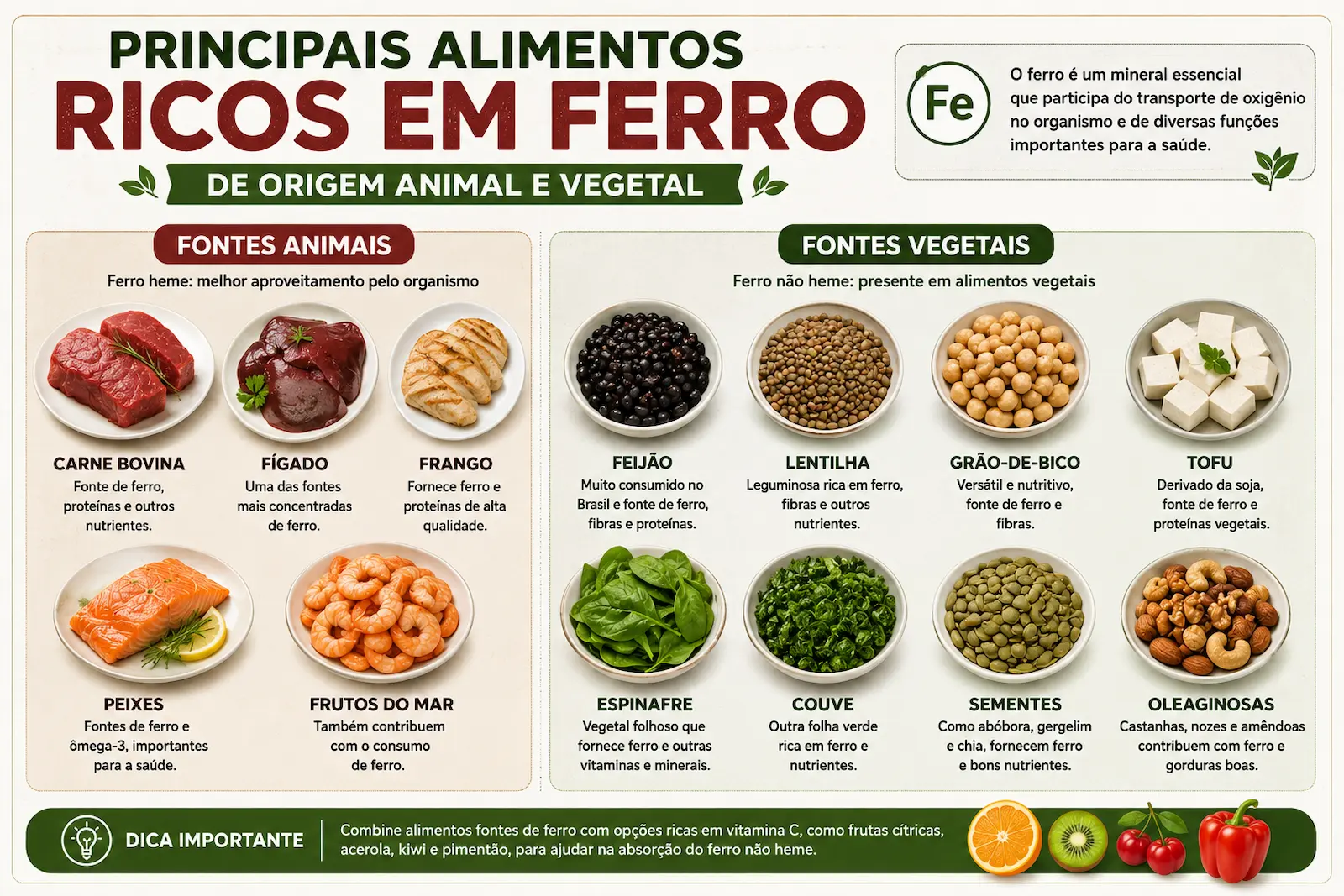 Principais alimentos ricos em ferro de origem animal e vegetal