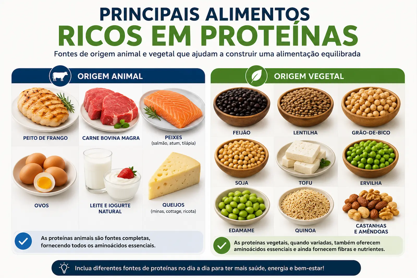 Principais alimentos ricos em proteínas de origem animal e vegetal