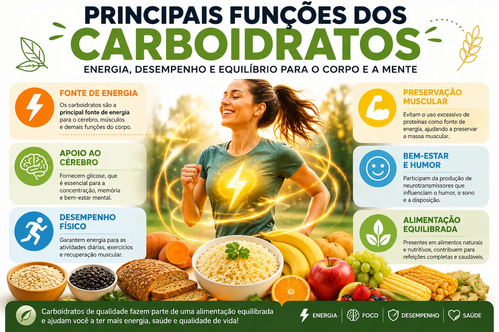 Principais funções dos carboidratos no organismo como fornecimento de energia, apoio às atividades diárias e participação em uma alimentação equilibrada