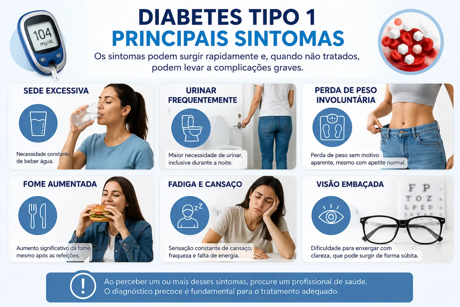Principais sintomas do diabetes tipo 1 incluindo sede excessiva perda de peso fome aumentada fadiga e urinar frequentemente