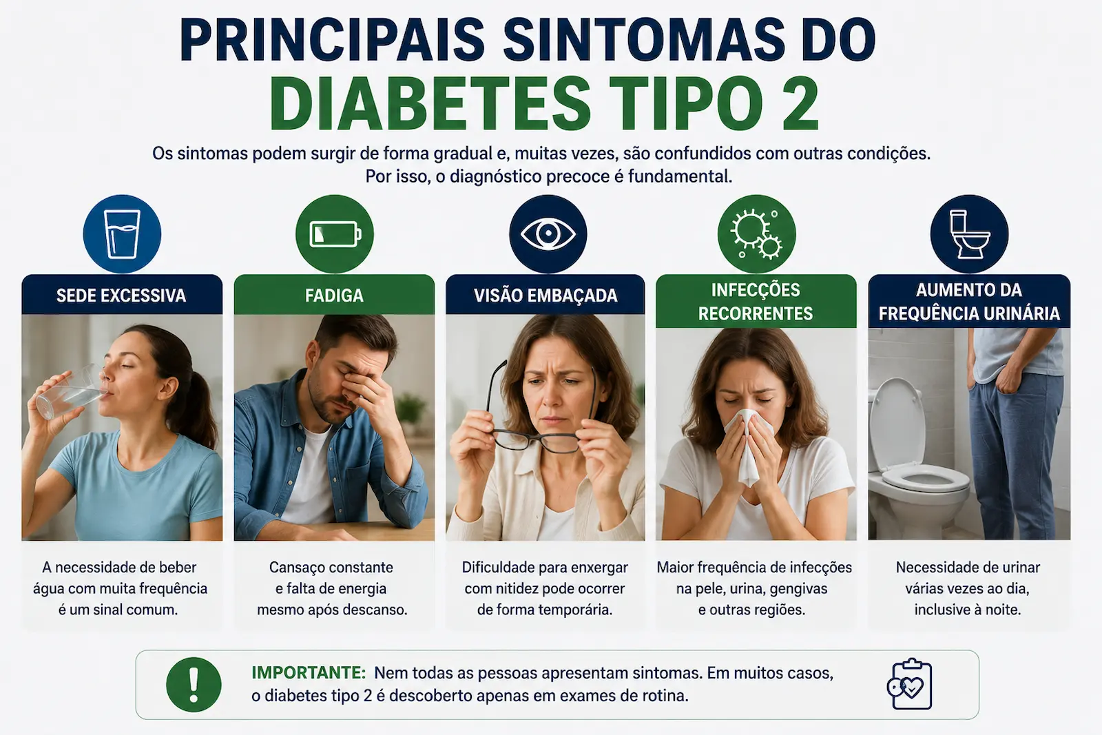 Principais sintomas do diabetes tipo 2 incluindo sede excessiva fadiga visão embaçada infecções recorrentes e aumento da frequência urinária