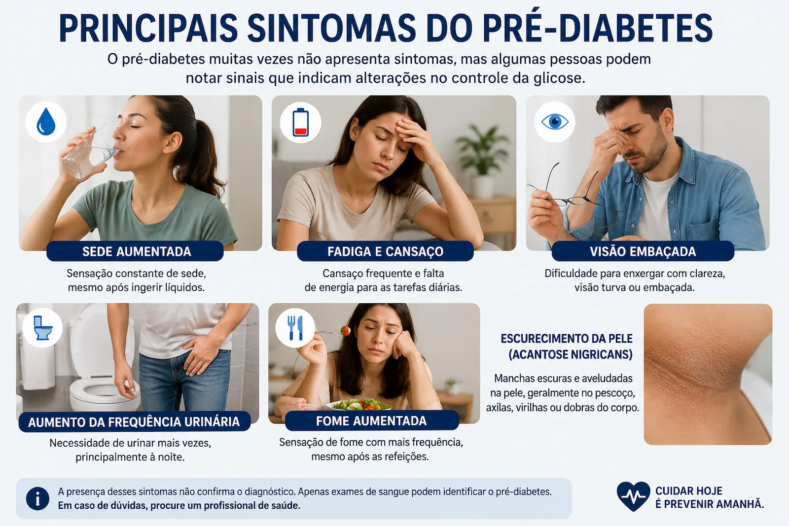 Principais sintomas do pré-diabetes incluindo sede aumentada fadiga visão embaçada aumento da frequência urinária e escurecimento da pele