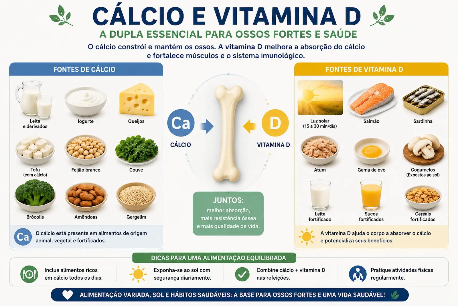 Relação entre cálcio e vitamina D na alimentação equilibrada