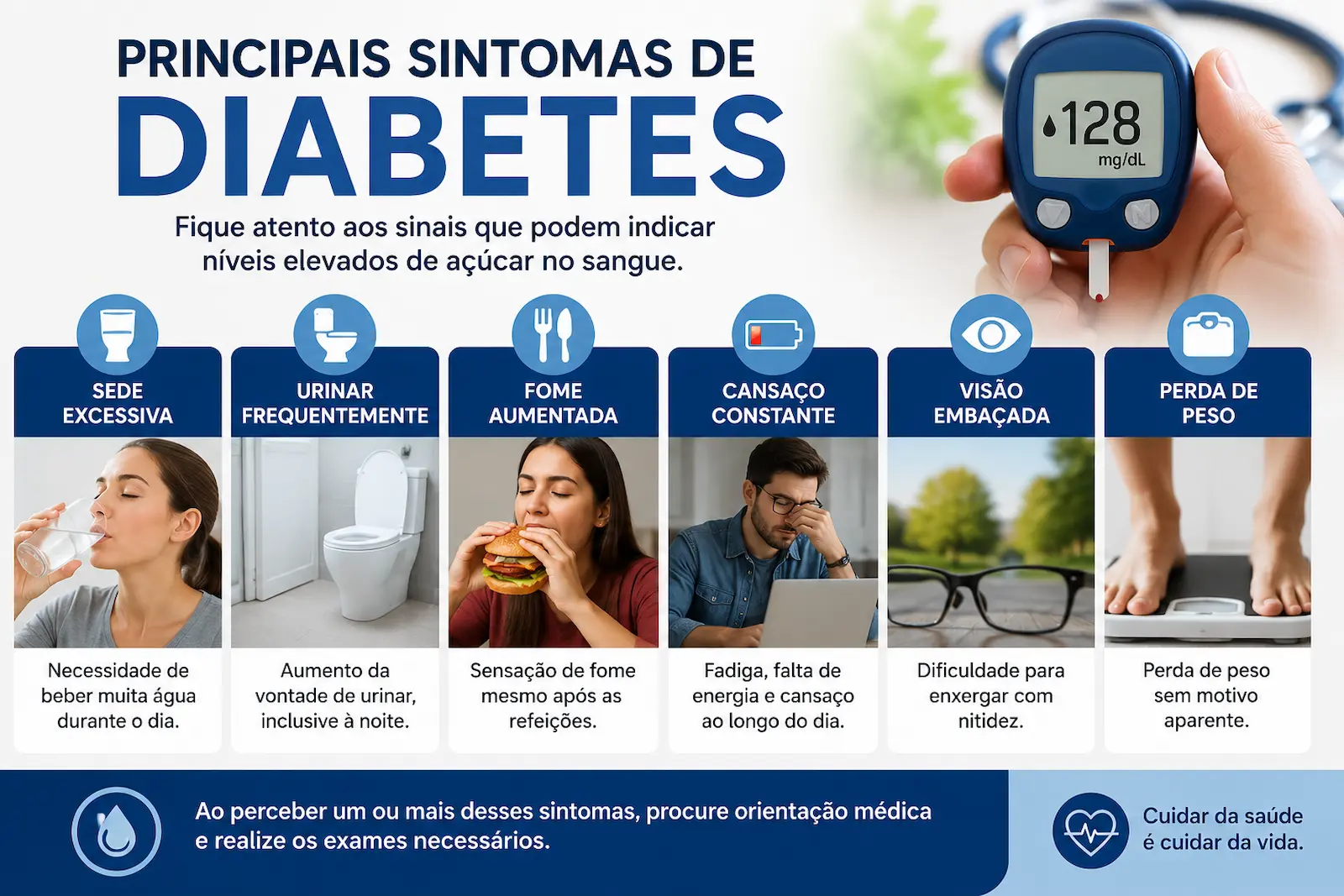 Principais sintomas de diabetes incluindo sede excessiva urinar frequentemente fome aumentada cansaço visão embaçada e perda de peso