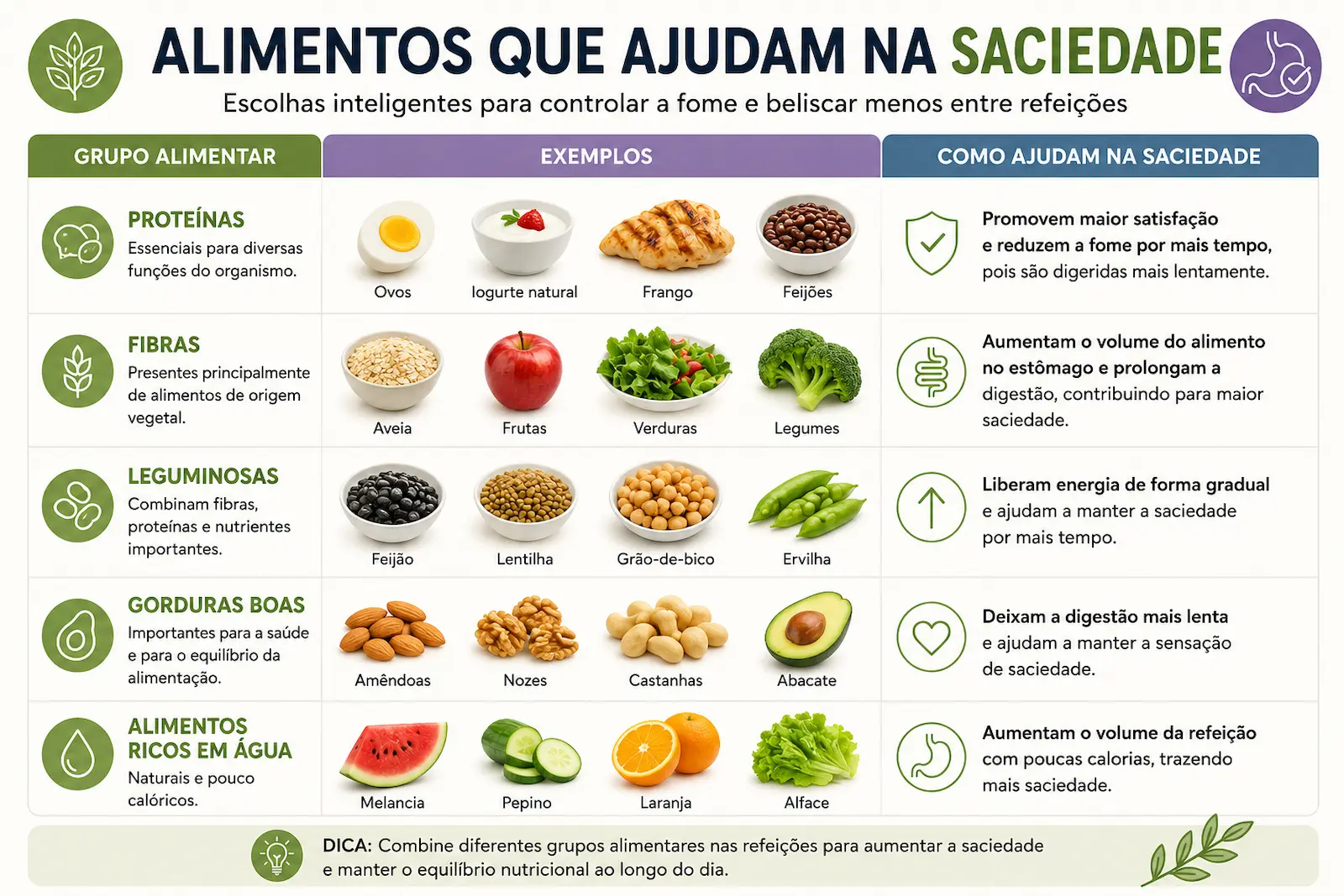 Tabela visual de alimentos que ajudam na saciedade
