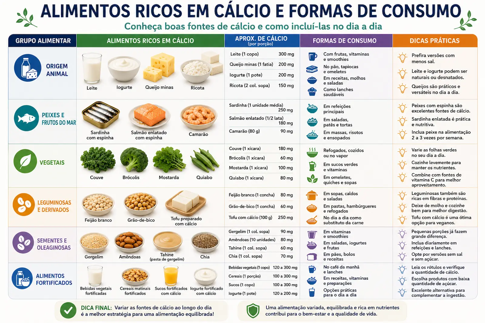 Tabela visual com alimentos ricos em cálcio e formas de consumo