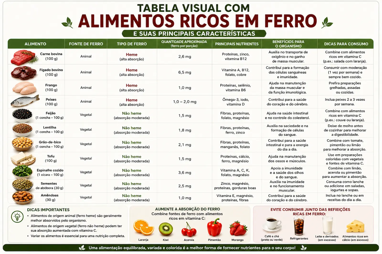 Tabela visual com alimentos ricos em ferro e suas principais características