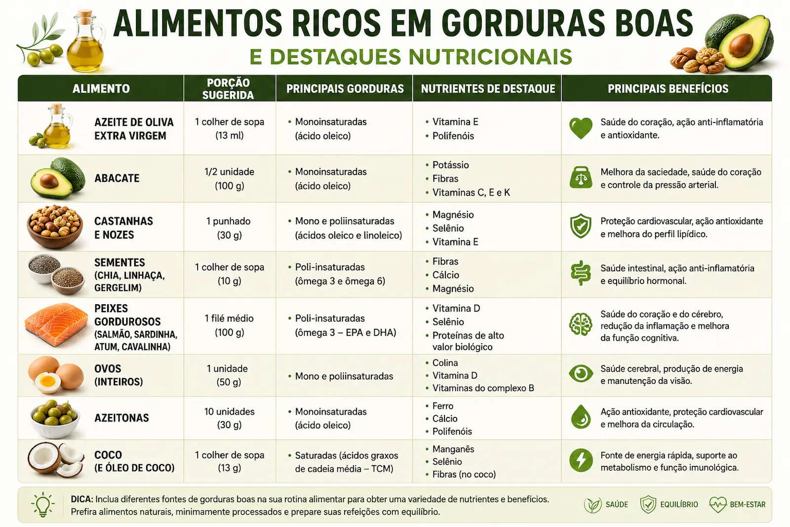 Tabela visual com alimentos ricos em gorduras boas e destaques nutricionais