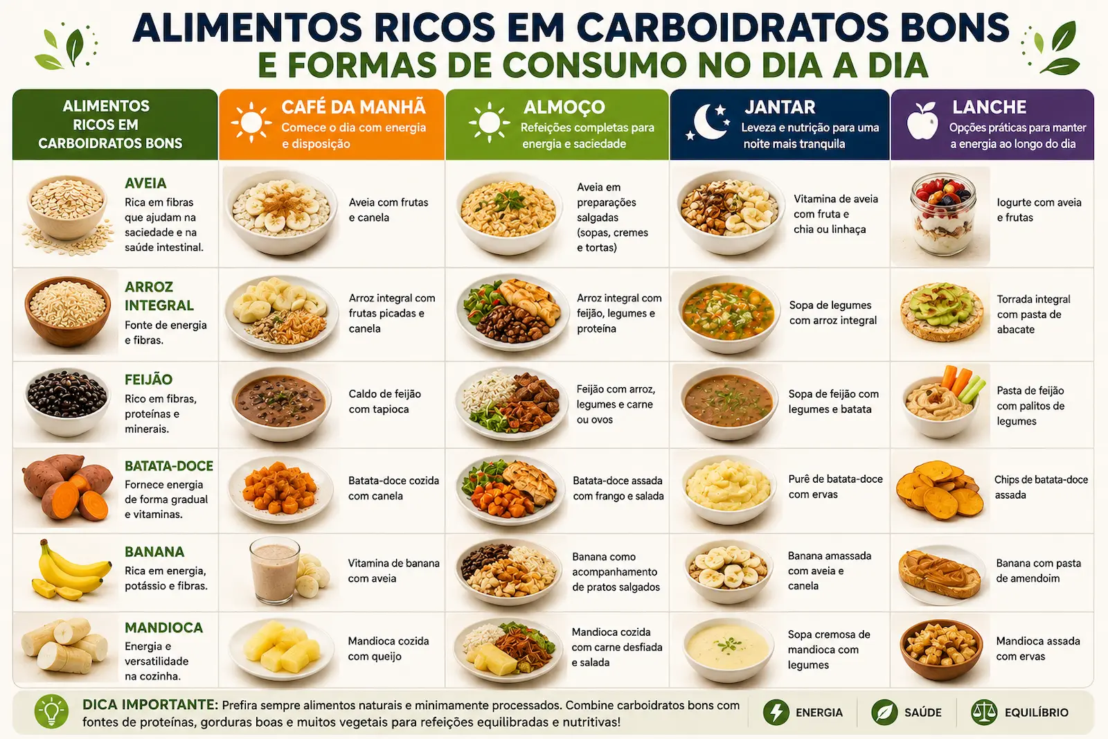 Tabela visual com alimentos ricos em carboidratos bons e formas de consumo no café da manhã, almoço, jantar e lanches