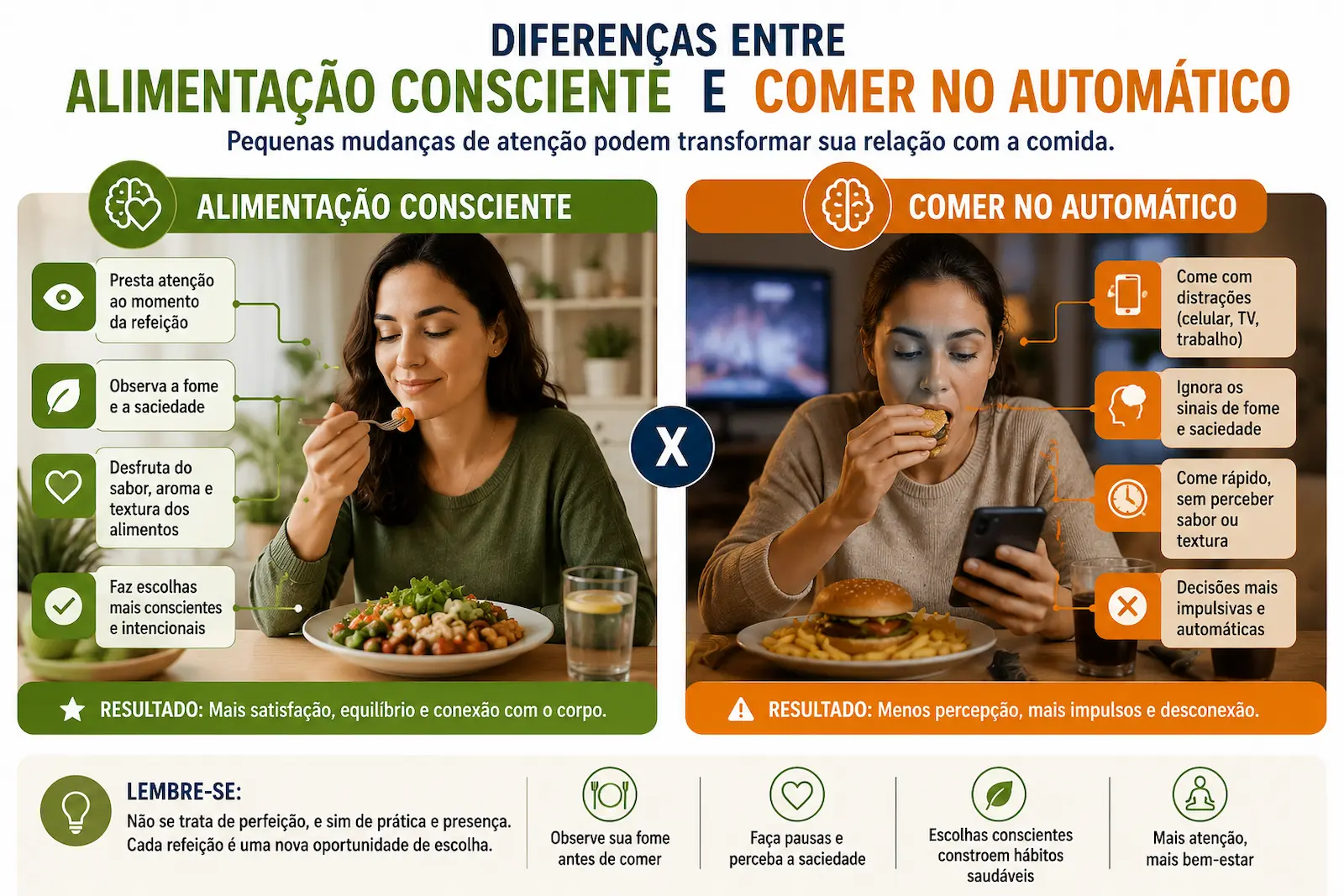 Diferenças entre alimentação consciente e comer no automático