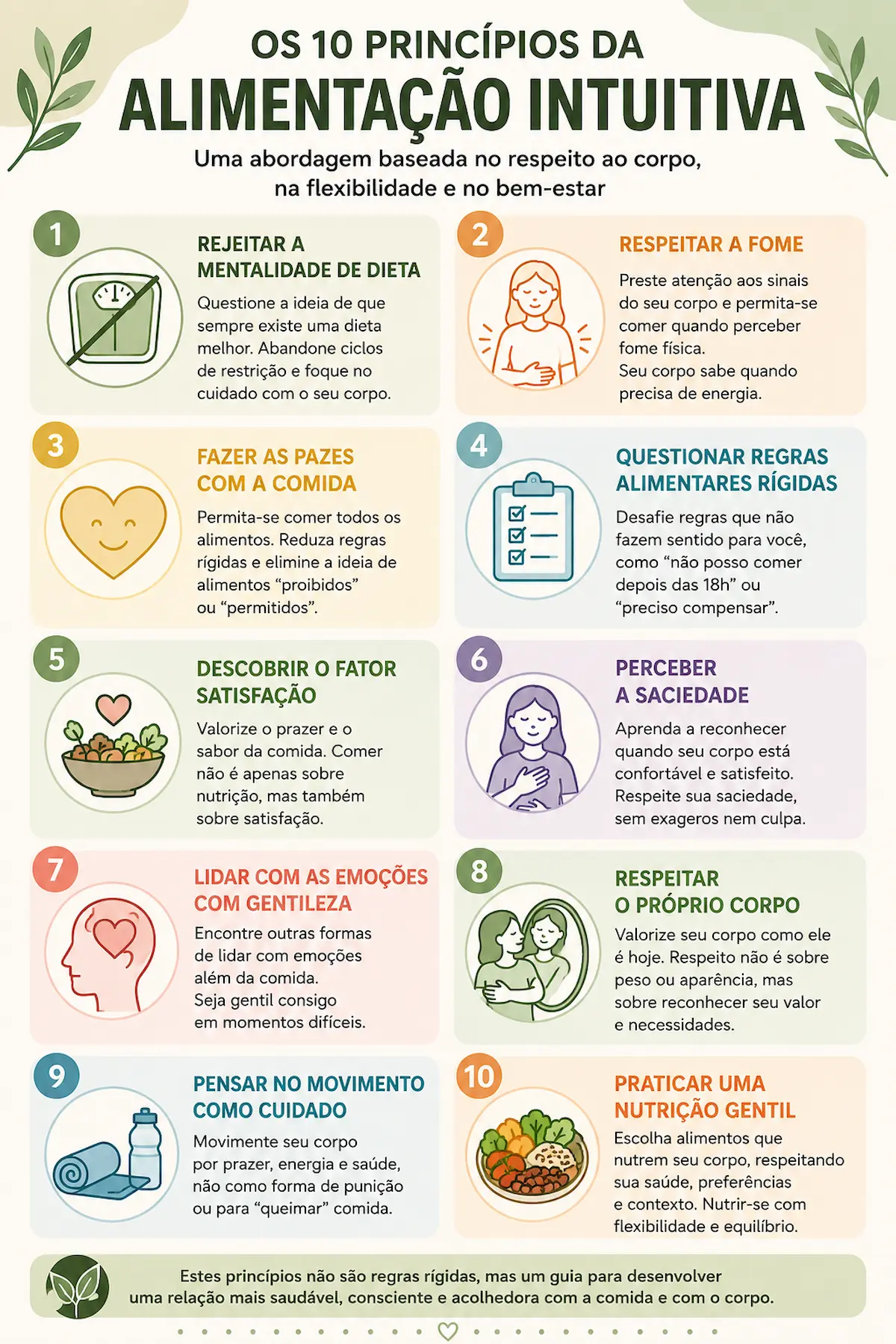 Infográfico apresentando os dez princípios da alimentação intuitiva