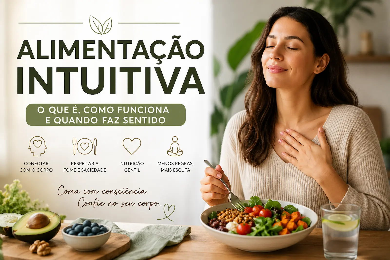 Pessoa fazendo uma refeição equilibrada enquanto observa os sinais de fome, saciedade e satisfação relacionados à alimentação intuitiva