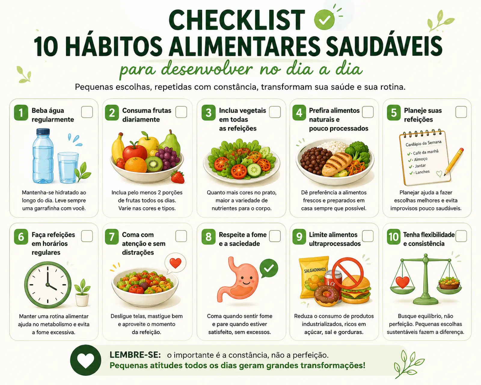Checklist ilustrado com dez hábitos alimentares saudáveis para desenvolver no dia a dia