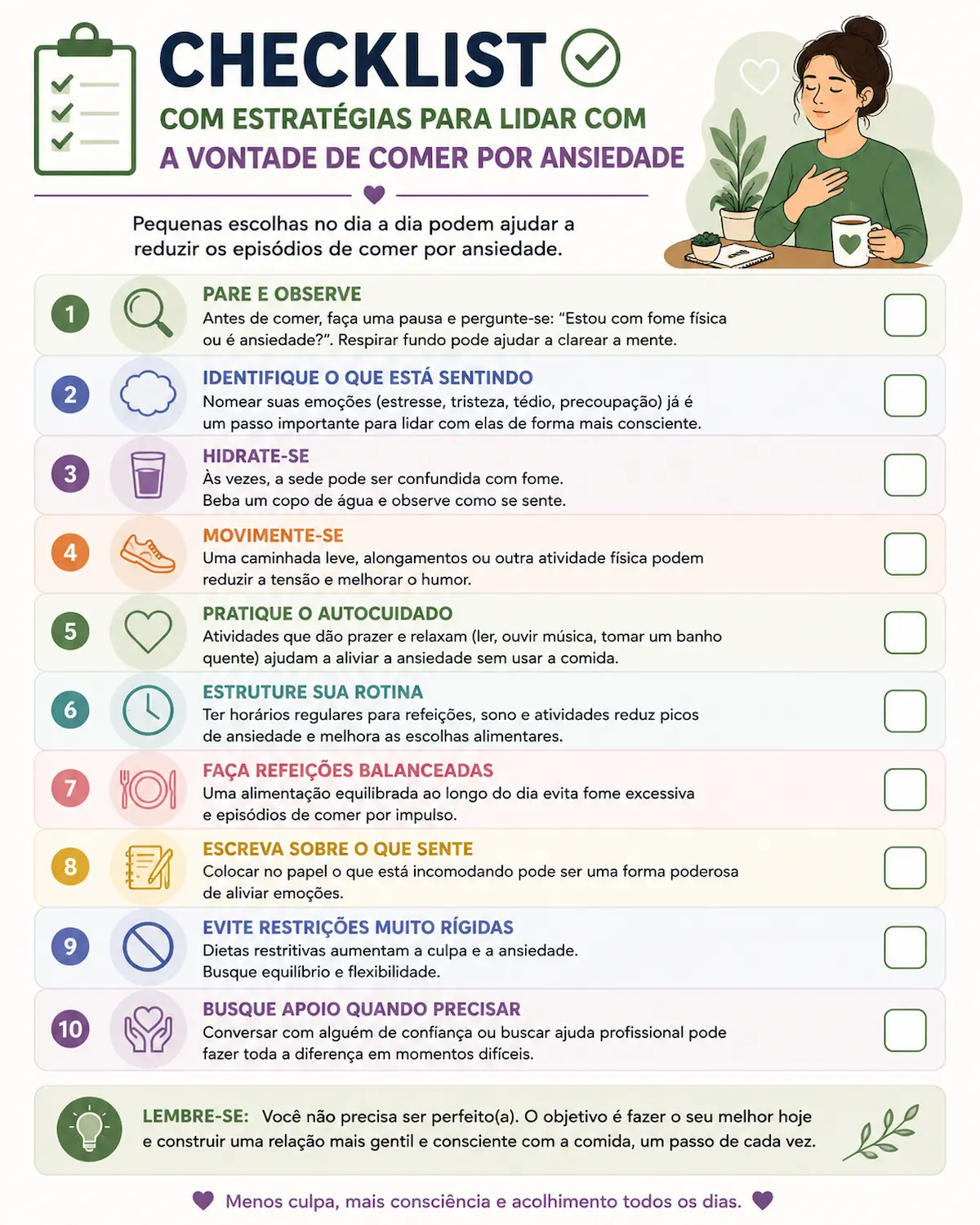 Checklist com estratégias para lidar com a vontade de comer por ansiedade