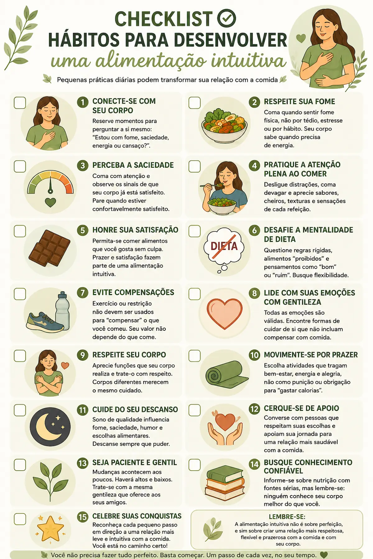 Checklist ilustrado com hábitos para desenvolver uma alimentação intuitiva