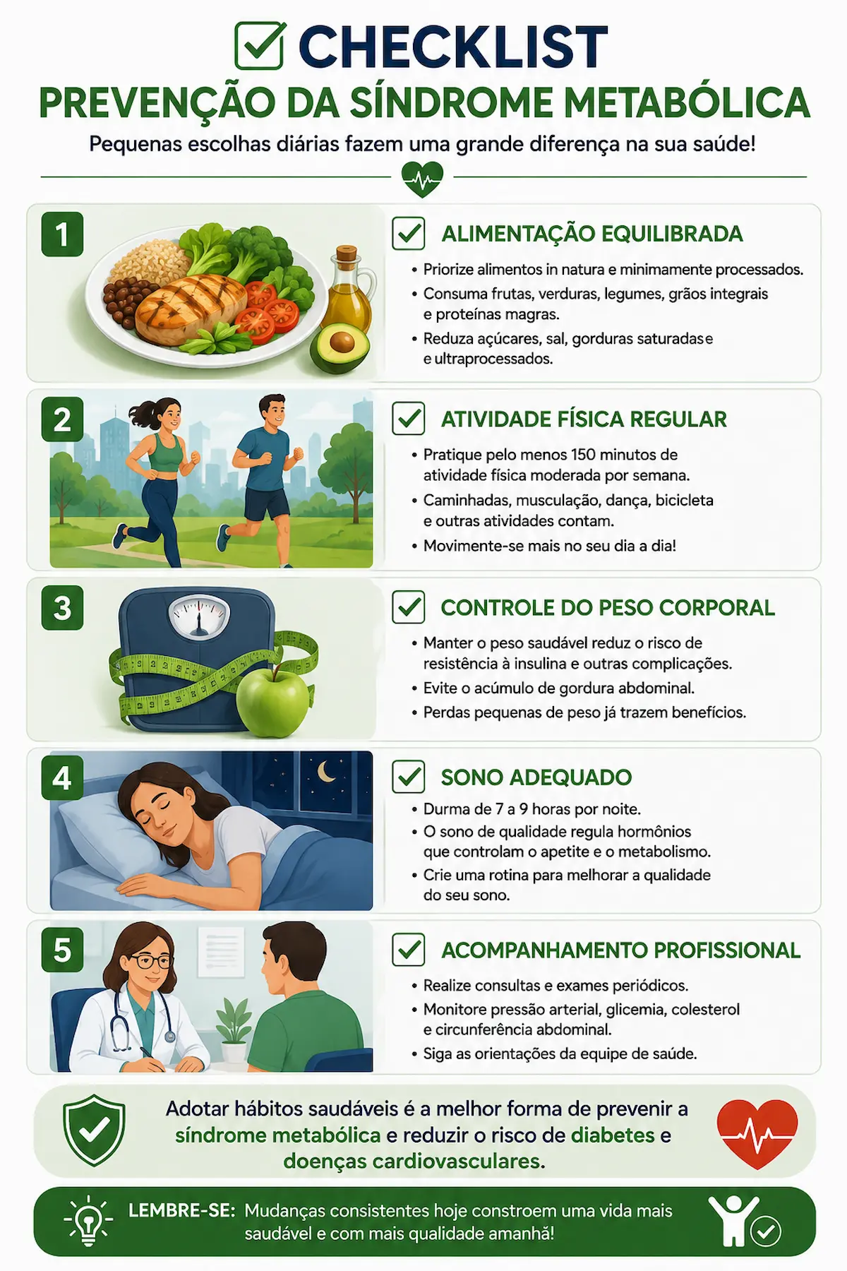 Checklist ilustrado com hábitos que contribuem para a prevenção da síndrome metabólica, incluindo alimentação equilibrada, atividade física, controle do peso corporal, sono adequado e acompanhamento profissional.