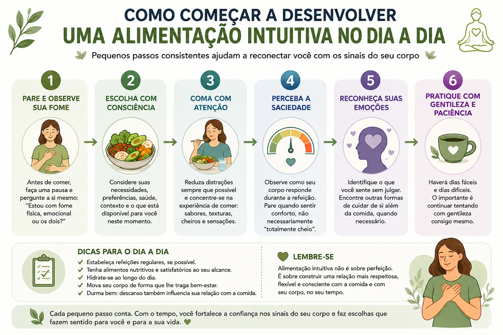 Fluxograma com passos para começar a desenvolver uma alimentação intuitiva no dia a dia