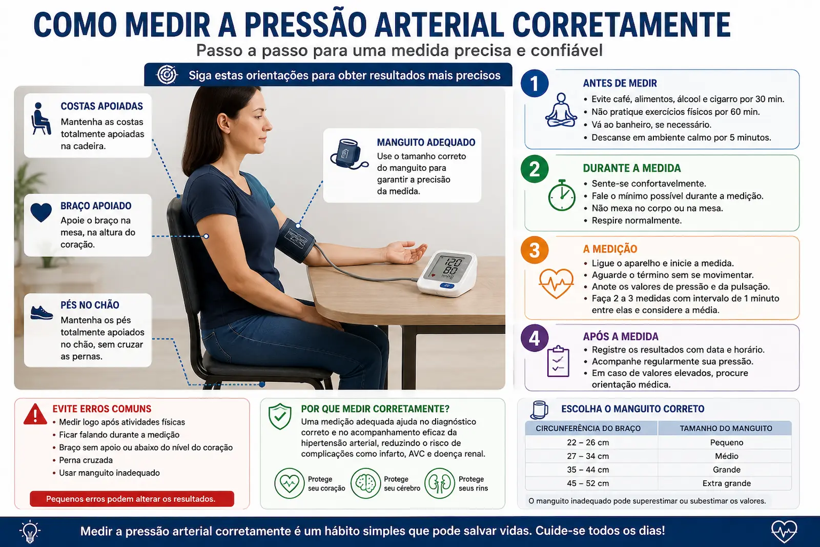 Passo a passo para medir a pressão arterial corretamente com pessoa sentada, costas e braço apoiados, pés no chão e manguito adequado.