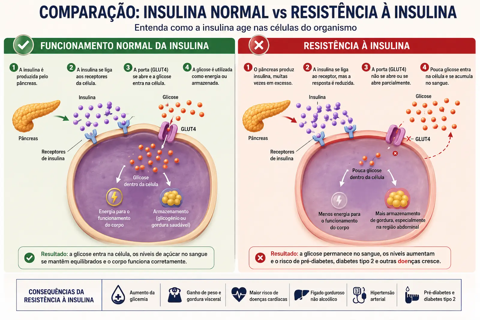 Comparação entre o funcionamento normal da insulina e a resistência à insulina nas células do organismo.