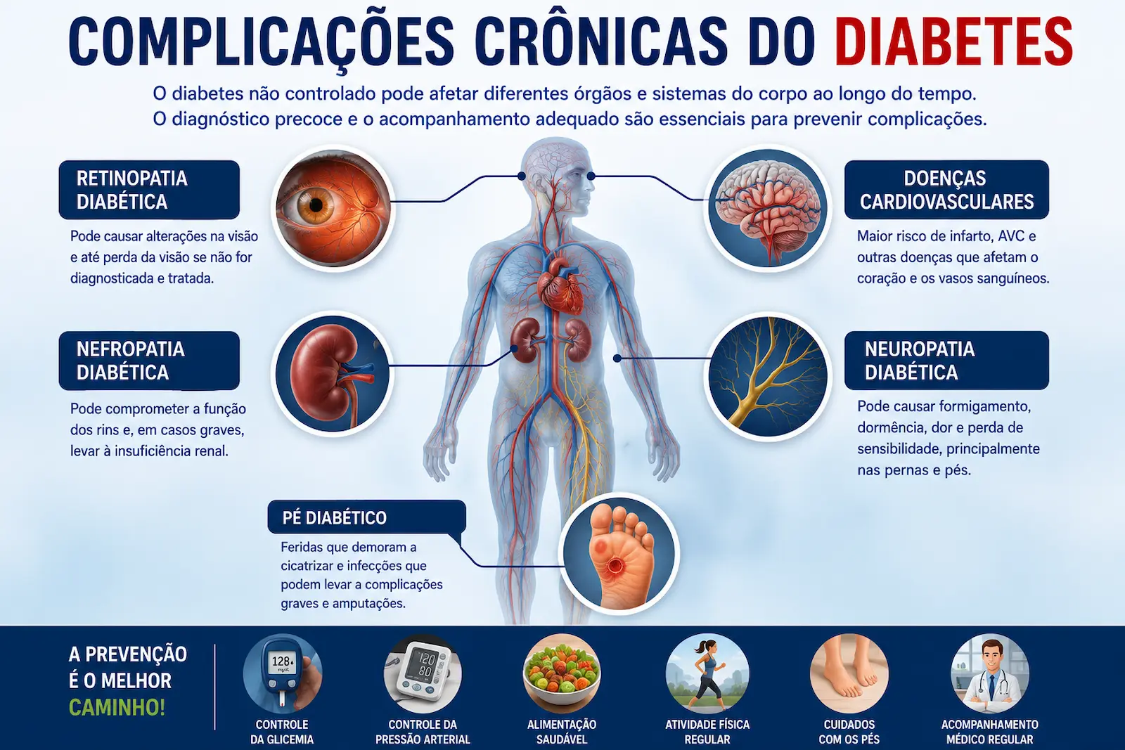 Principais complicações crônicas do diabetes envolvendo olhos rins nervos pés e coração