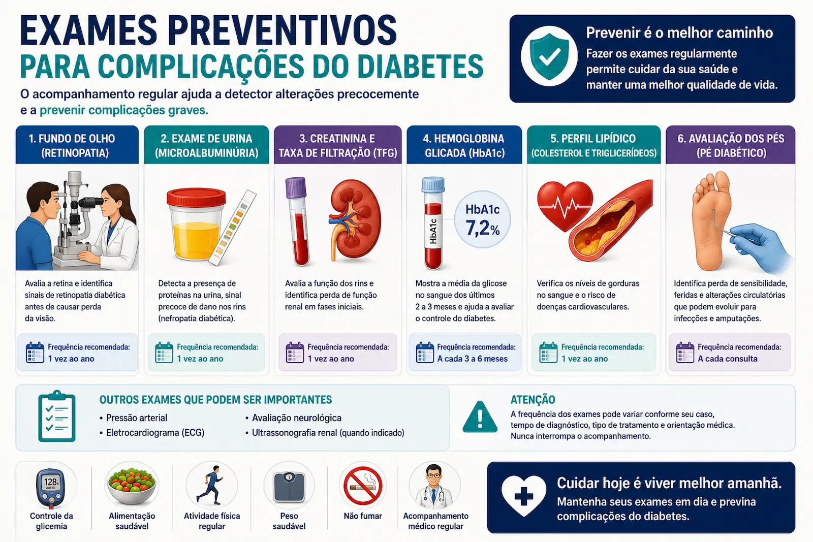 Infográfico mostrando os principais exames preventivos para identificar complicações do diabetes, incluindo fundo de olho, hemoglobina glicada, função renal e avaliação dos pés.