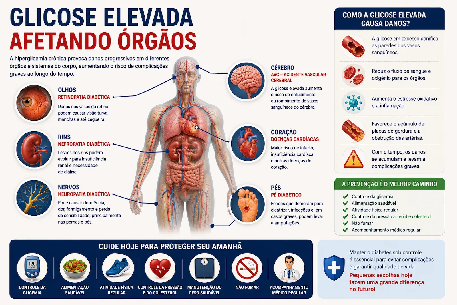Infográfico mostrando como a glicose elevada pode afetar olhos, rins, nervos, coração, cérebro e pés em pessoas com diabetes.