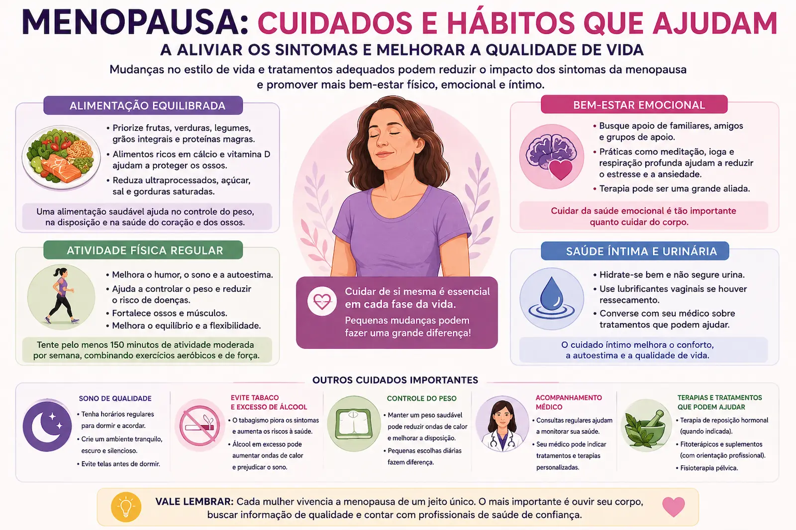 Hábitos saudáveis durante a menopausa Hábitos saudáveis para melhorar a qualidade de vida durante a menopausa, incluindo alimentação equilibrada, atividade física, sono adequado, hidratação e acompanhamento médico.