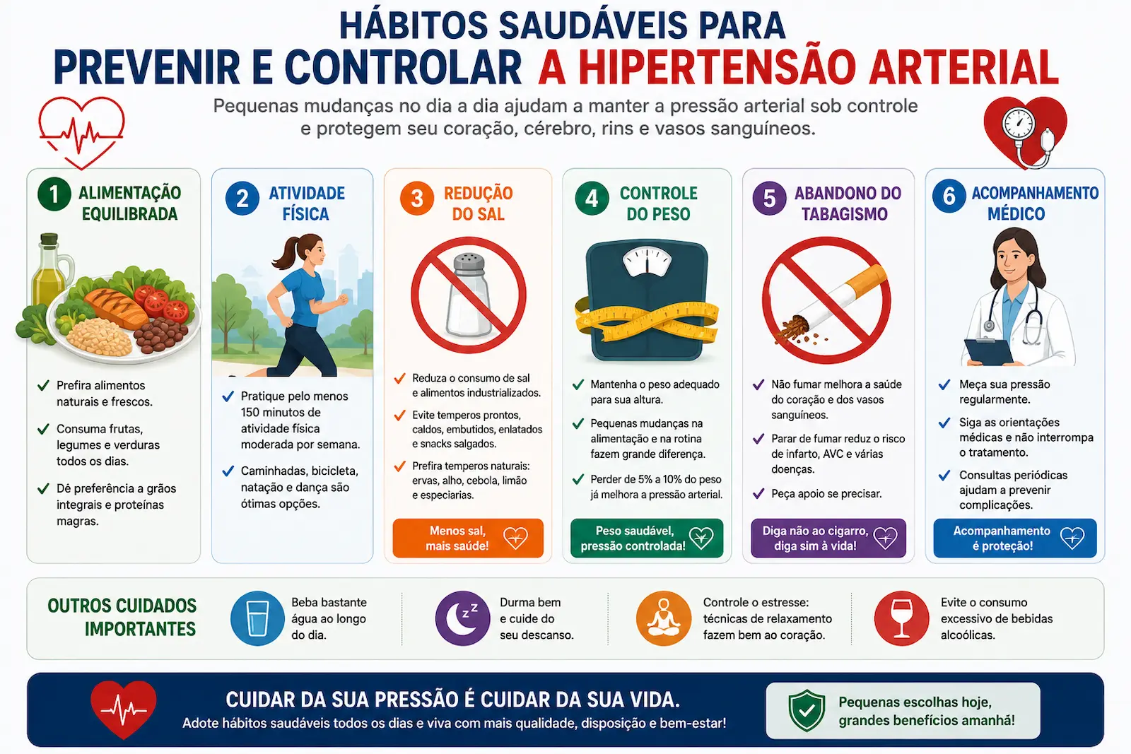 Infográfico com hábitos saudáveis para prevenir e controlar a hipertensão arterial, incluindo alimentação equilibrada, atividade física, redução do sal, controle do peso, abandono do tabagismo e acompanhamento médico.