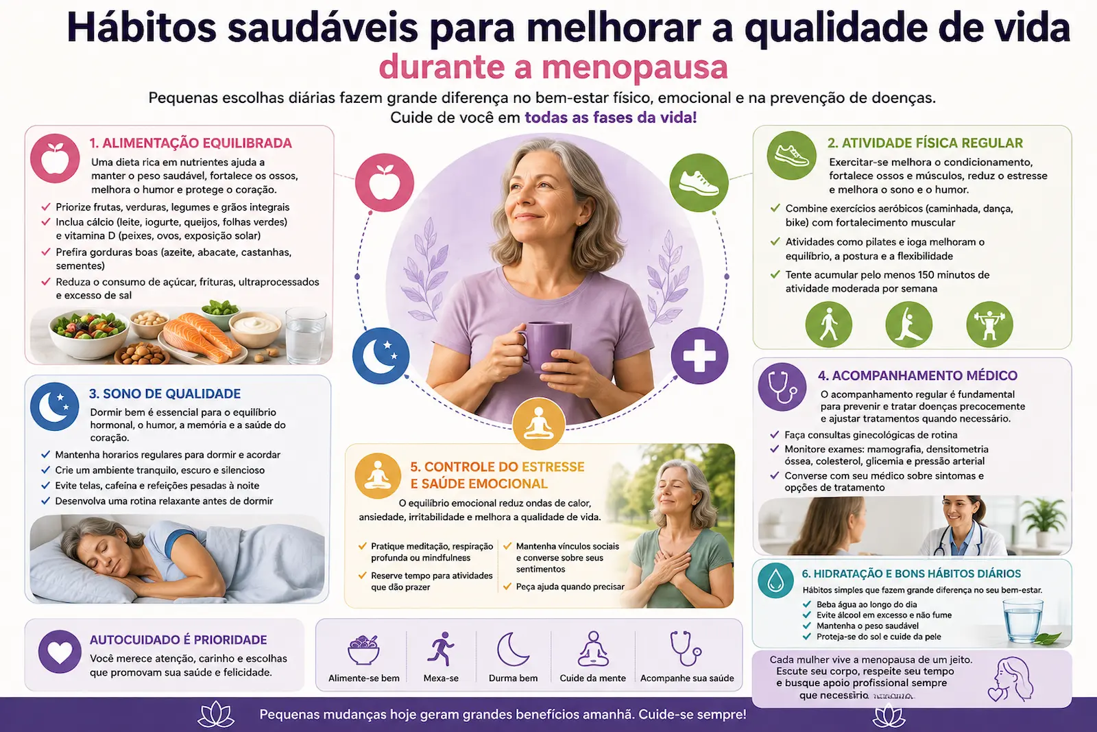 Hábitos saudáveis para viver melhor durante a menopausa Hábitos saudáveis para melhorar a qualidade de vida durante a menopausa com alimentação equilibrada, exercícios, sono e acompanhamento médico.