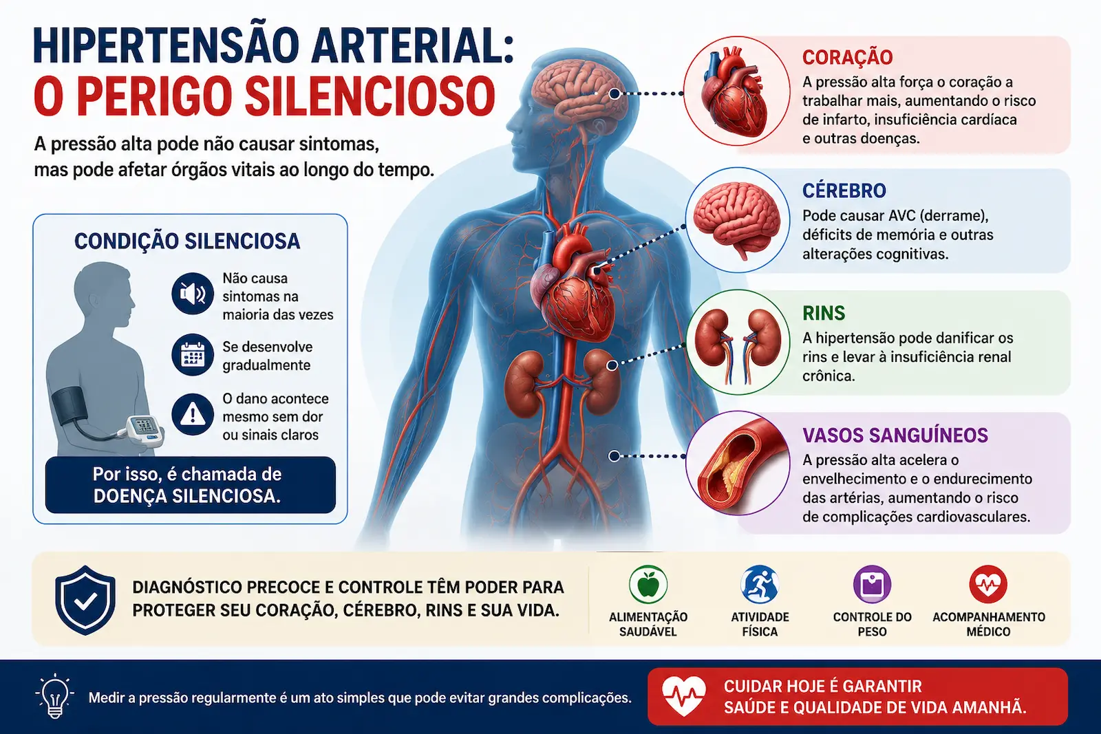 Hipertensão como condição silenciosa com possíveis efeitos no coração, cérebro, rins e vasos sanguíneos mesmo sem sintomas.