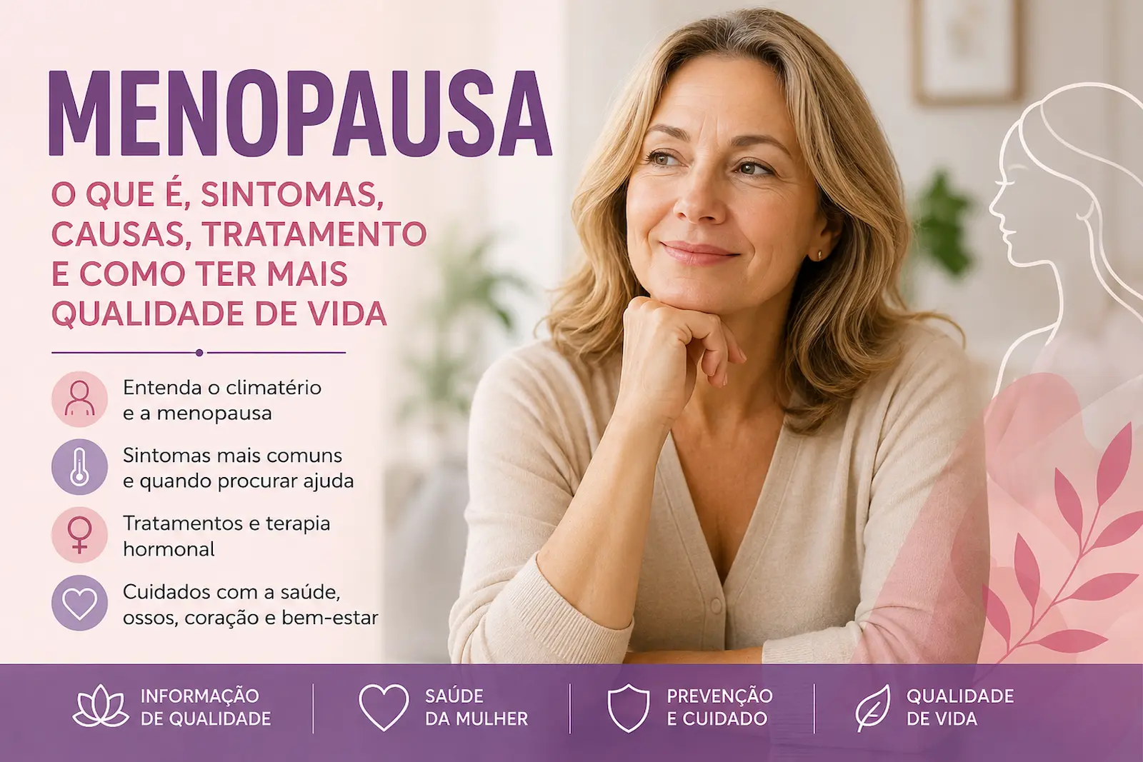 Menopausa: sintomas, causas, tratamento e qualidade de vida Menopausa: mulher na fase do climatério representando sintomas, causas, tratamento e qualidade de vida após a menopausa.