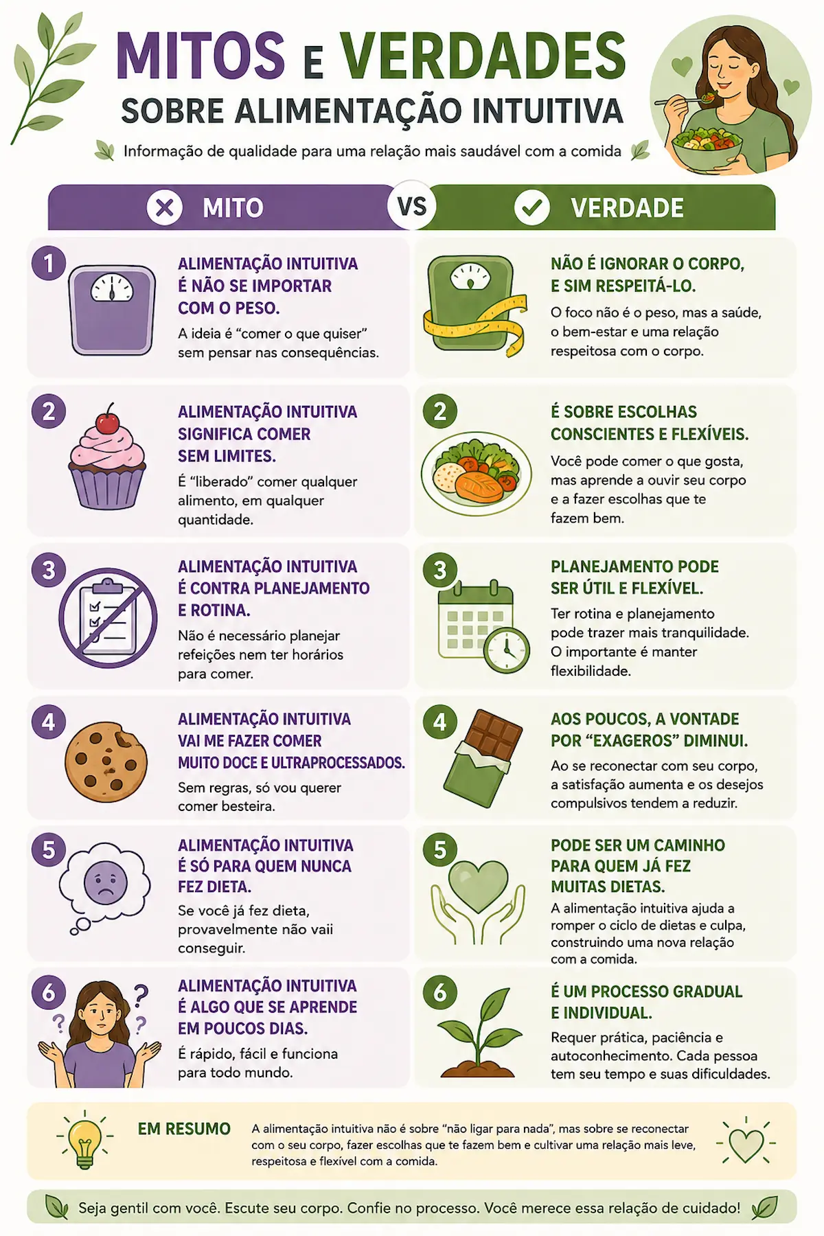 Infográfico com mitos e verdades sobre alimentação intuitiva