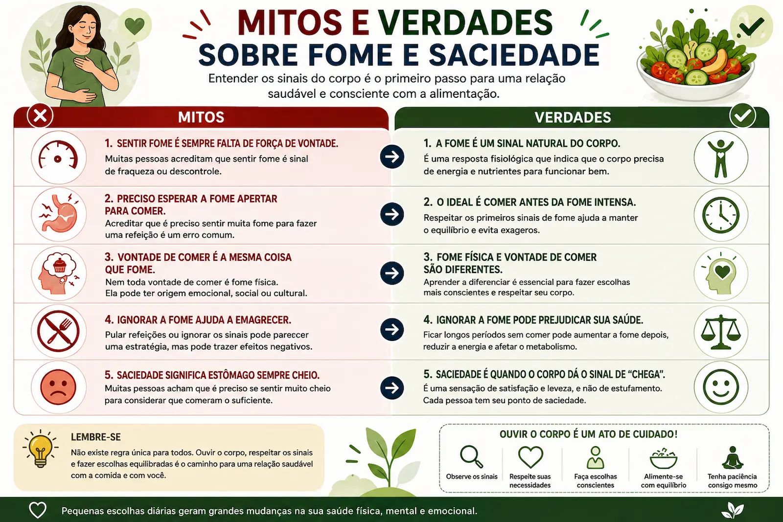 Infográfico com mitos e verdades sobre fome e saciedade