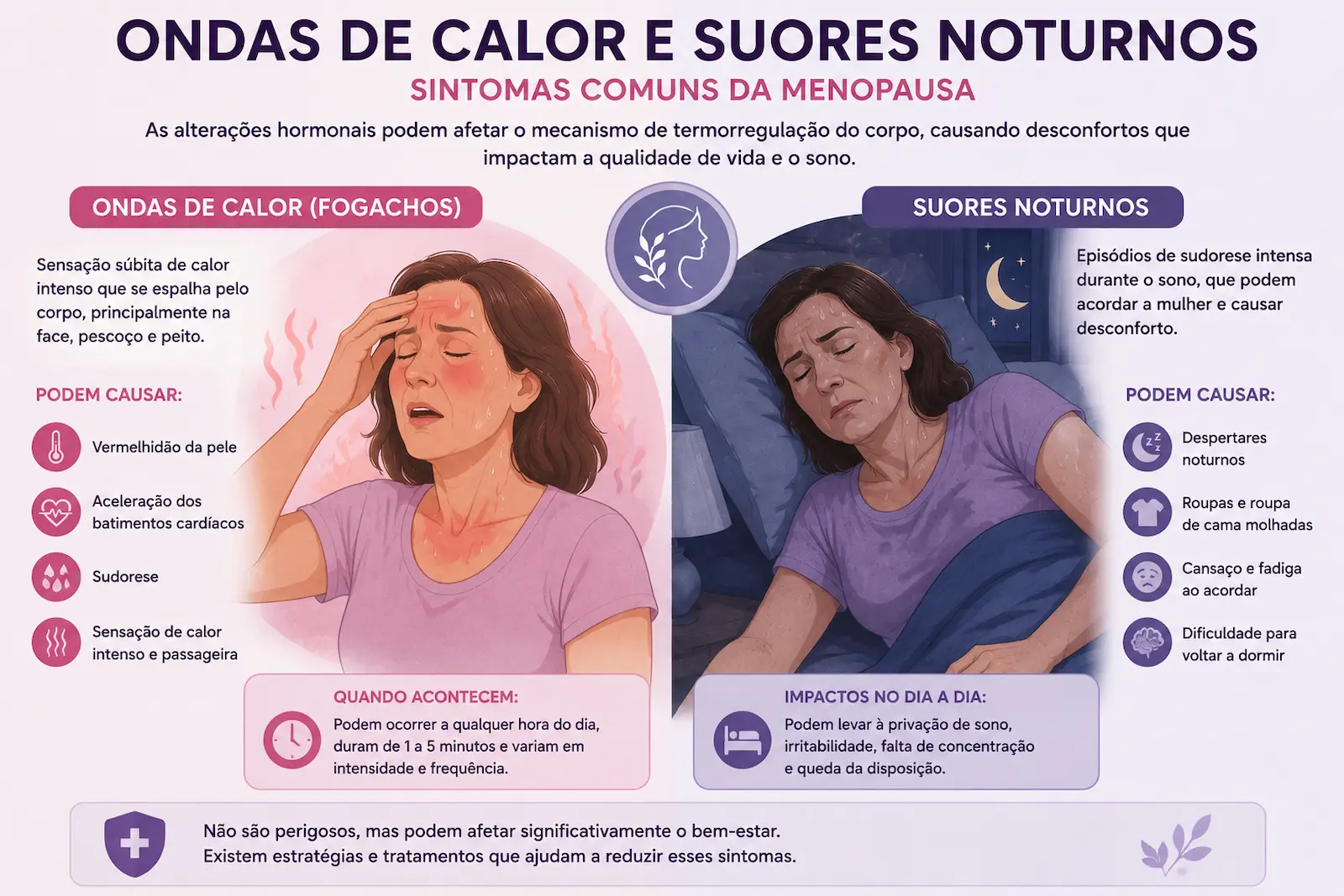 Ondas de calor e suores noturnos na menopausa Representação das ondas de calor e dos suores noturnos durante a menopausa.
