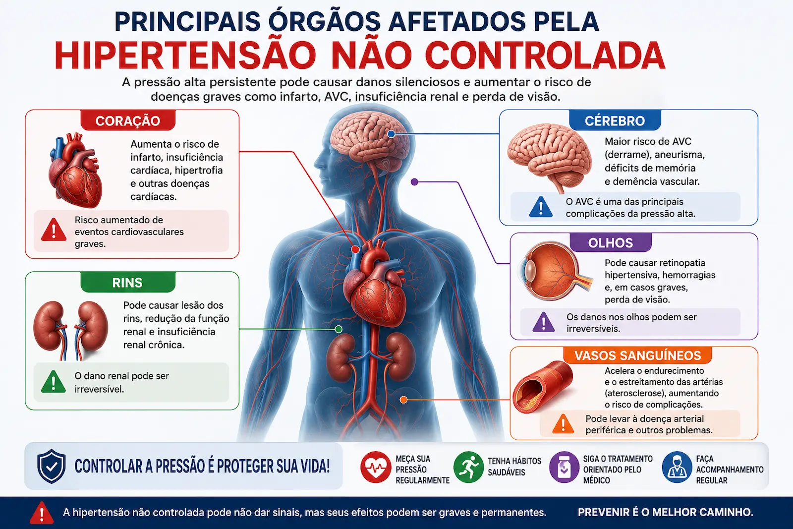 Principais órgãos afetados pela hipertensão não controlada incluindo coração, cérebro, rins, olhos e vasos sanguíneos.