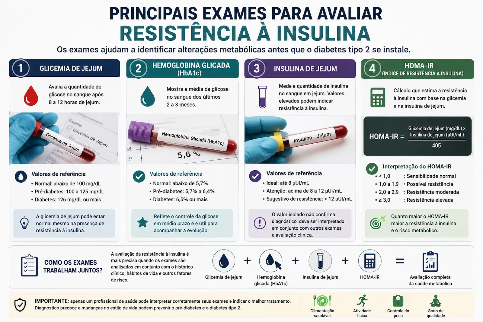 Principais exames utilizados para avaliar resistência à insulina, incluindo glicemia, hemoglobina glicada, insulina de jejum e HOMA-IR.
