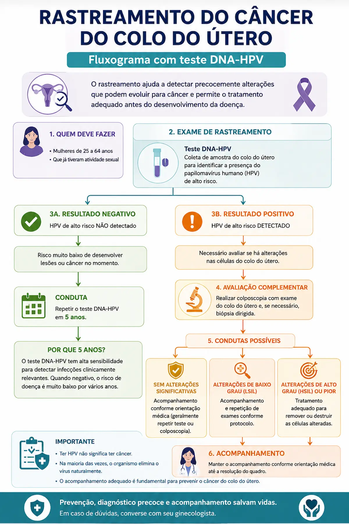 Rastreamento do câncer do colo do útero com teste DNA-HPV Fluxograma educativo do rastreamento do câncer do colo do útero com teste DNA-HPV, resultado negativo, resultado positivo e acompanhamento