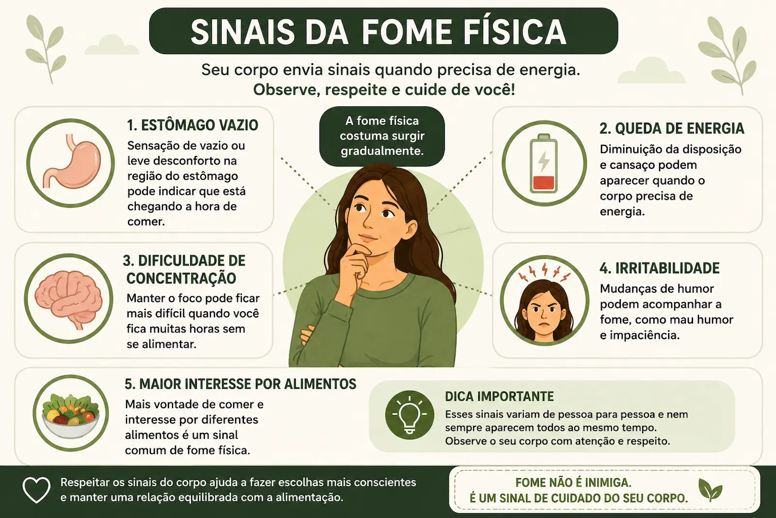 Infográfico com os principais sinais da fome física, como estômago vazio, queda de energia, dificuldade de concentração, irritabilidade e interesse por diferentes alimentos