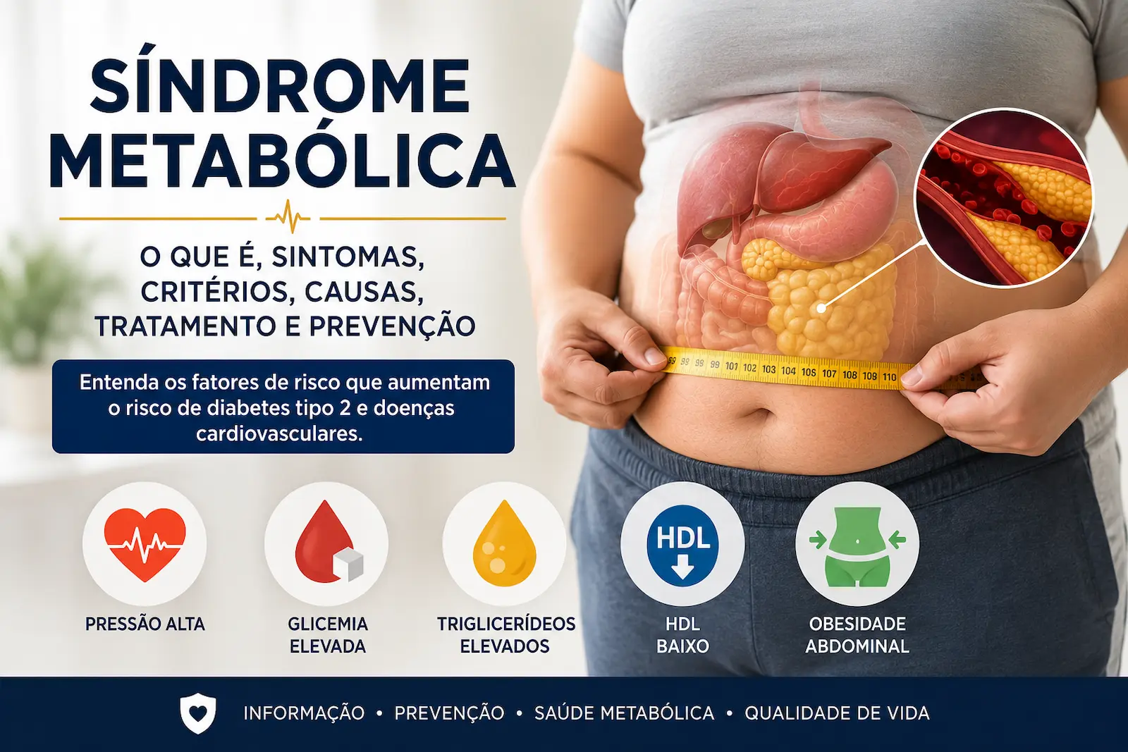 Ilustração mostrando os principais componentes da síndrome metabólica, incluindo obesidade abdominal, resistência à insulina, hipertensão arterial, glicemia elevada, triglicerídeos altos e HDL reduzido.