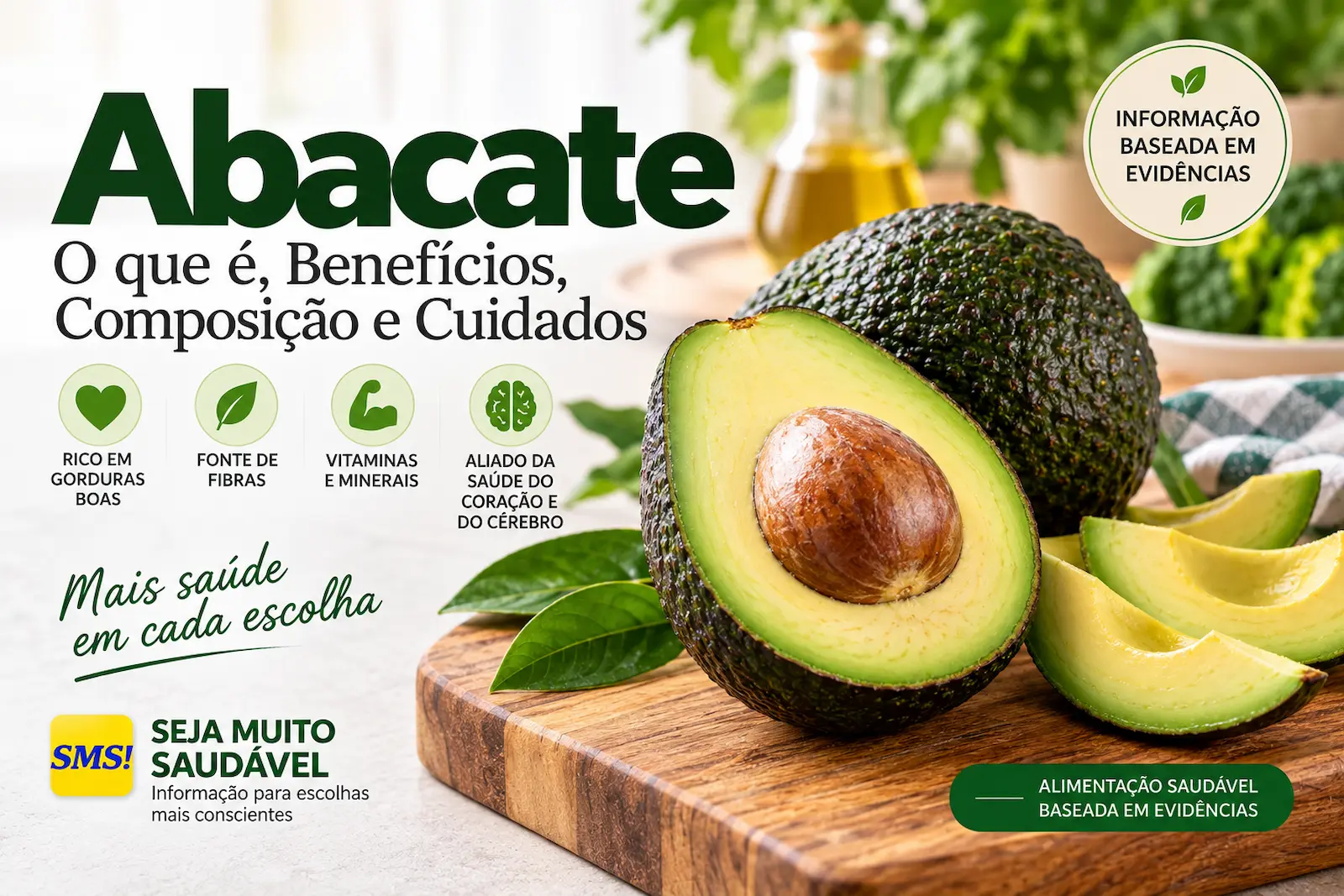 Abacate apresentado com alimentos que podem fazer parte de uma alimentação equilibrada