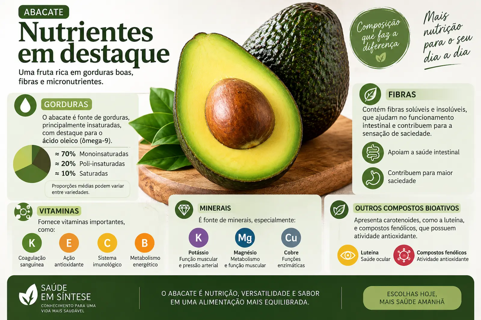 Infográfico sobre nutrientes, fibras e tipos de gorduras presentes no abacate