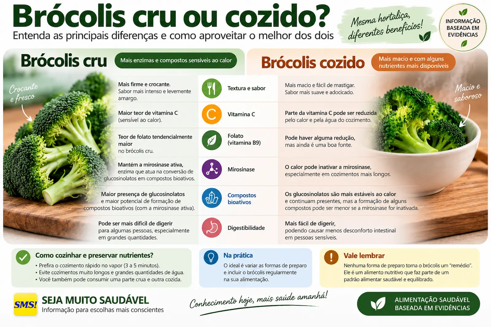 Comparação educativa entre brócolis cru e cozido mostrando diferenças de textura, nutrientes, mirosinase e compostos bioativos