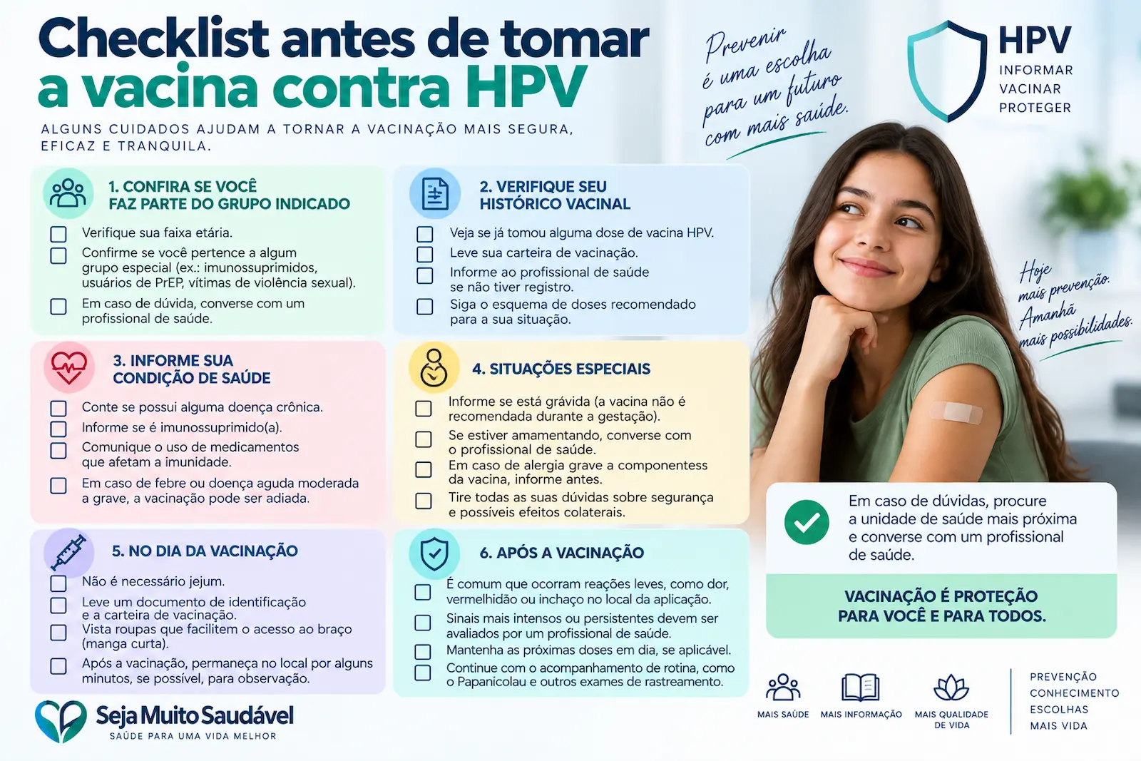 Checklist antes de tomar a vacina contra HPV com idade histórico vacinal grupos especiais gravidez e contraindicações