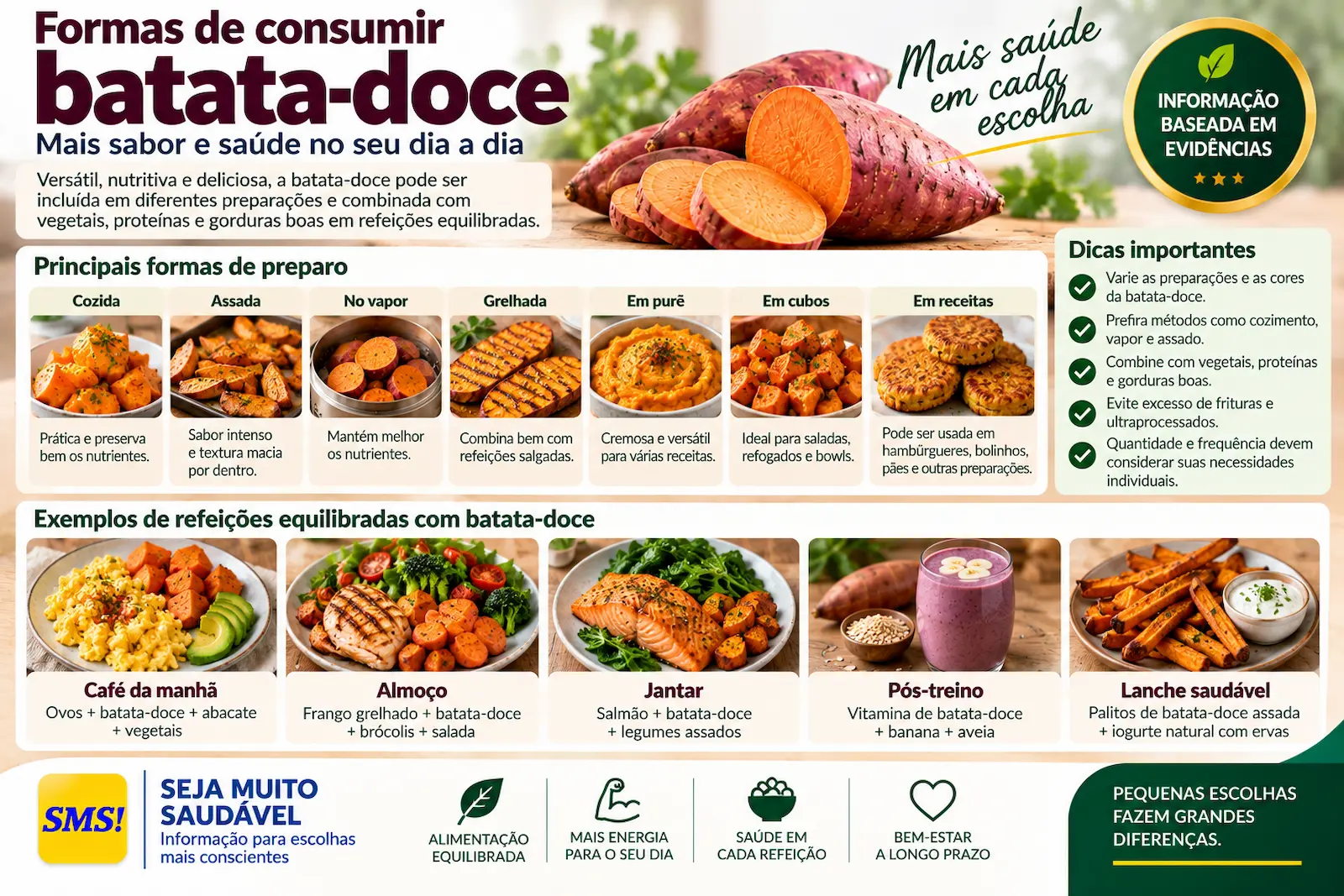 Formas de consumir batata-doce em refeições equilibradas com vegetais, proteínas e diferentes preparações