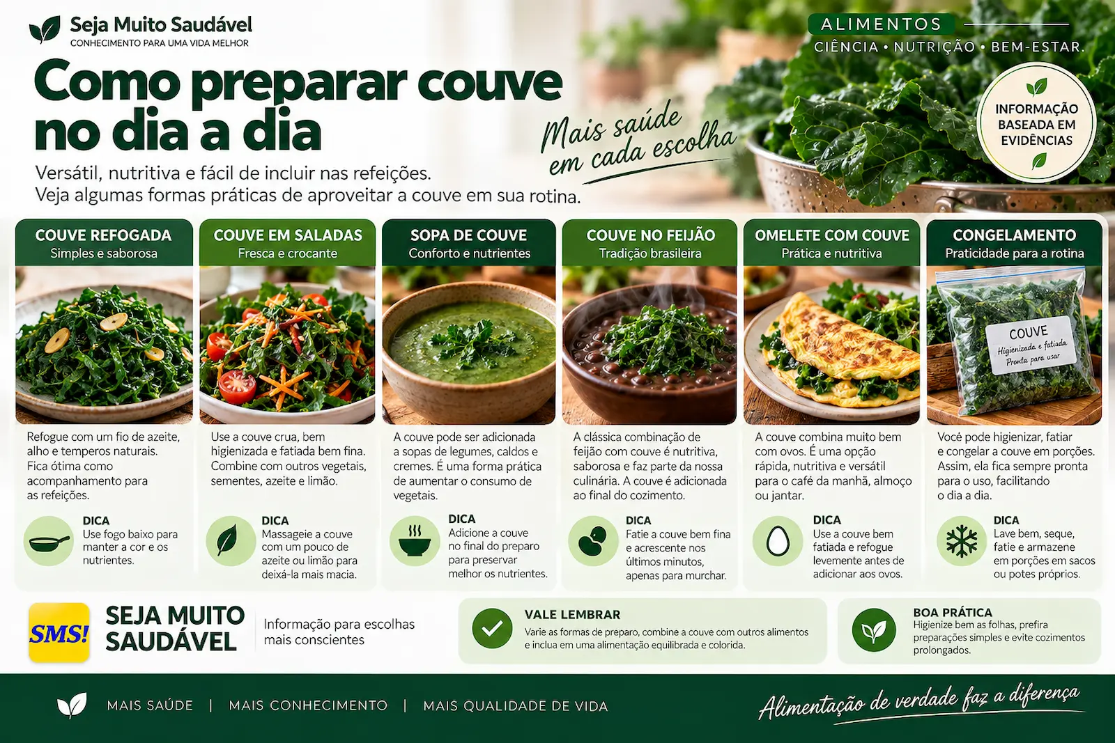 Infográfico mostrando formas práticas de preparar couve no dia a dia, incluindo refogada, salada, sopa, feijão, omelete e congelamento