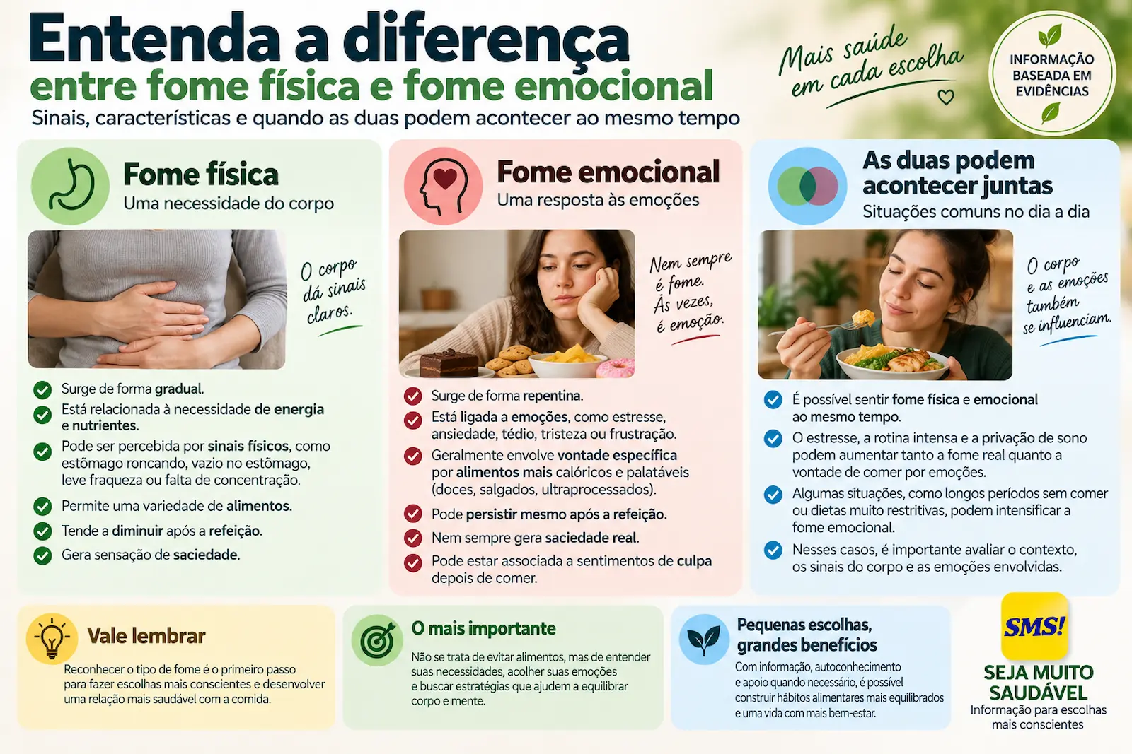 Infográfico comparando fome física, influência emocional e situações em que as duas podem acontecer ao mesmo tempo