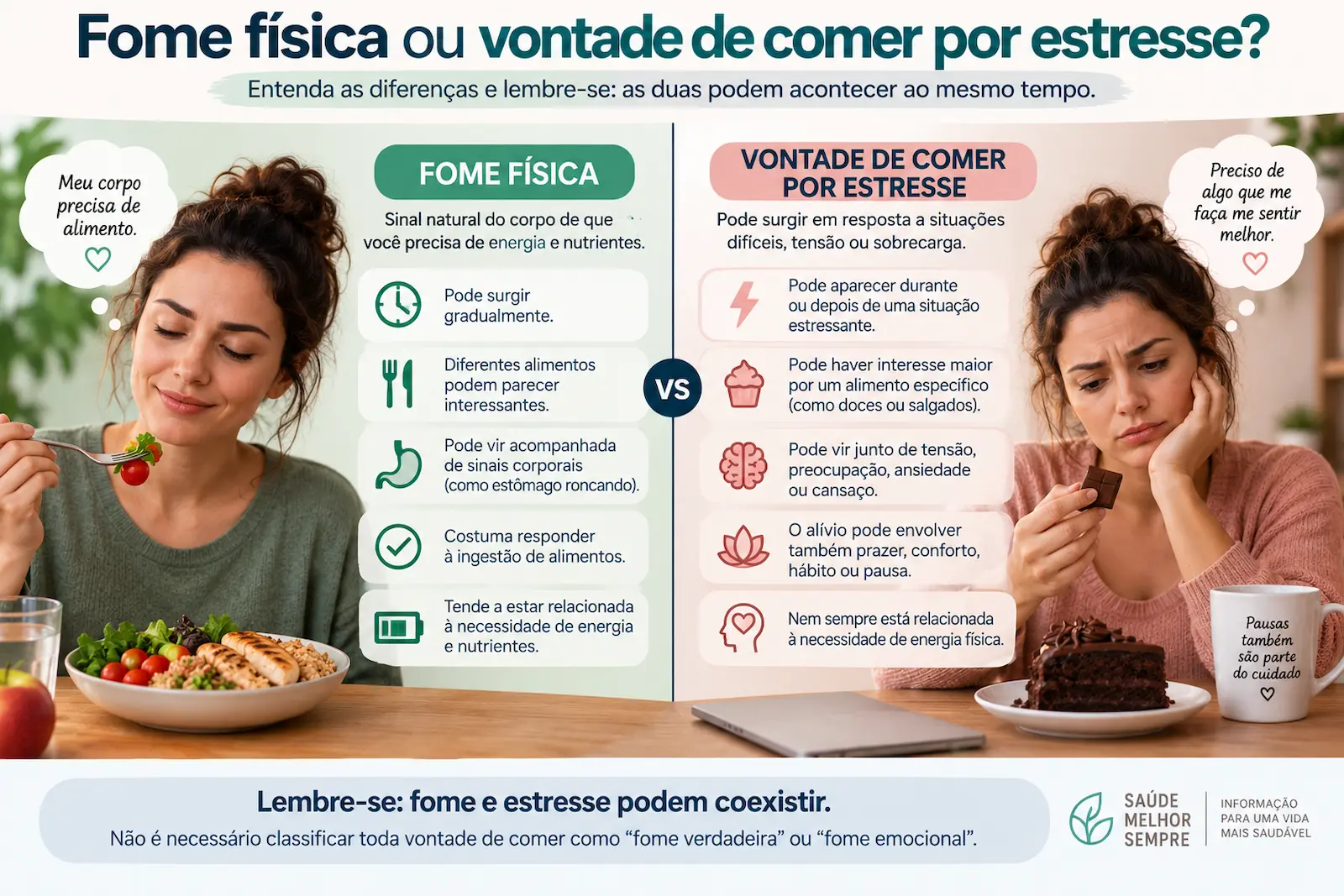 Diferença entre fome física e vontade de comer relacionada ao estresse