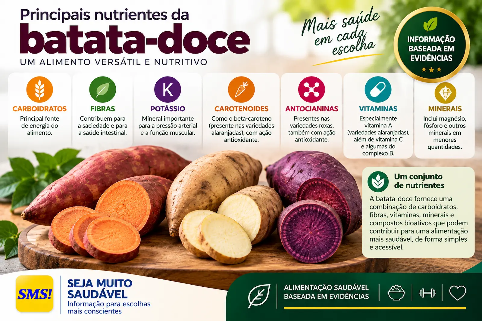 Principais nutrientes da batata-doce incluindo carboidratos, fibras, potássio e carotenoides